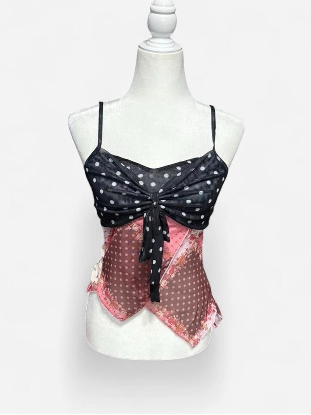 Polka Dot Tie-Front Cami Top in Black and Pink